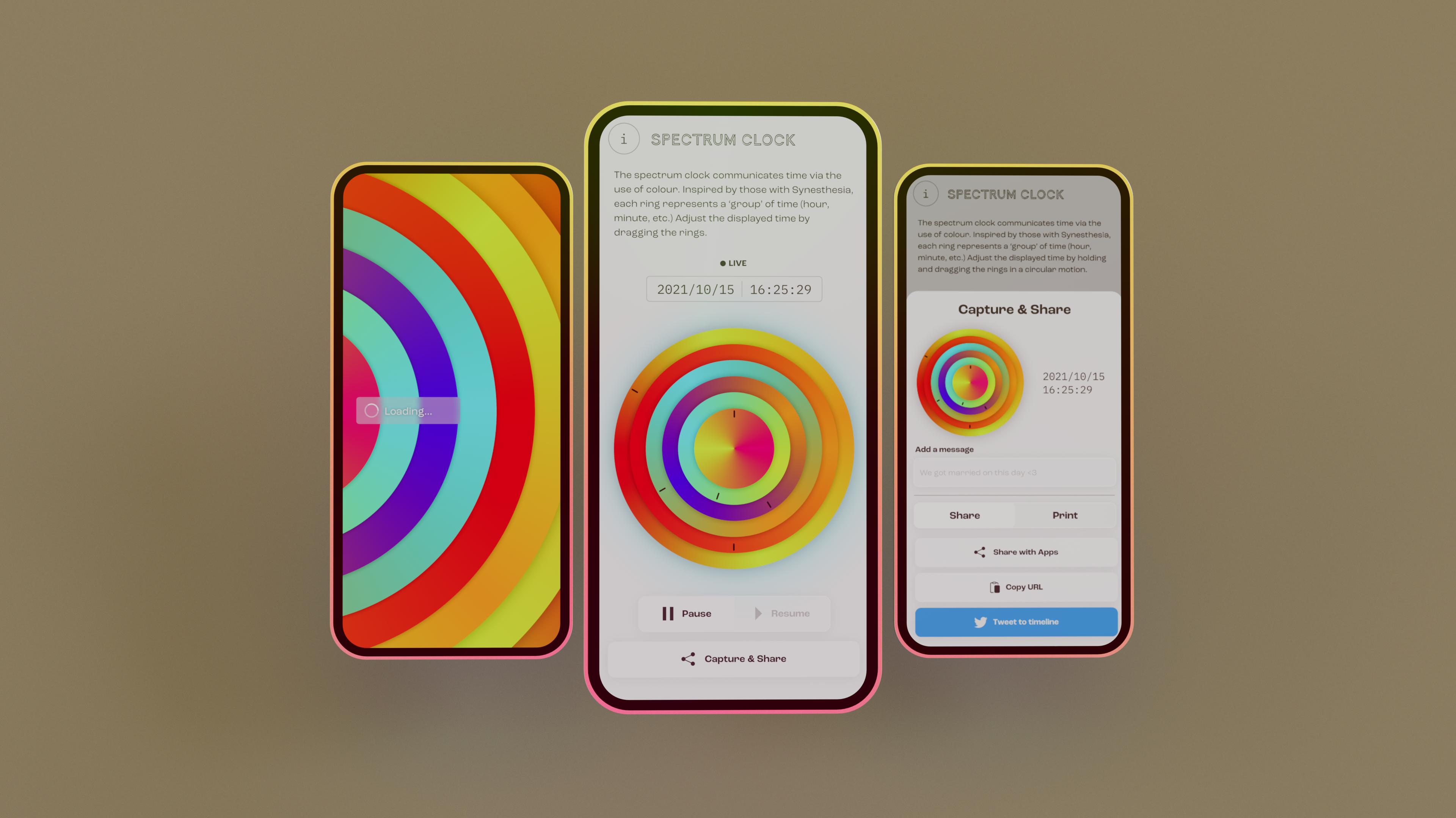 3 smart phones showcasing different sections of The Spectrum Clock app/website