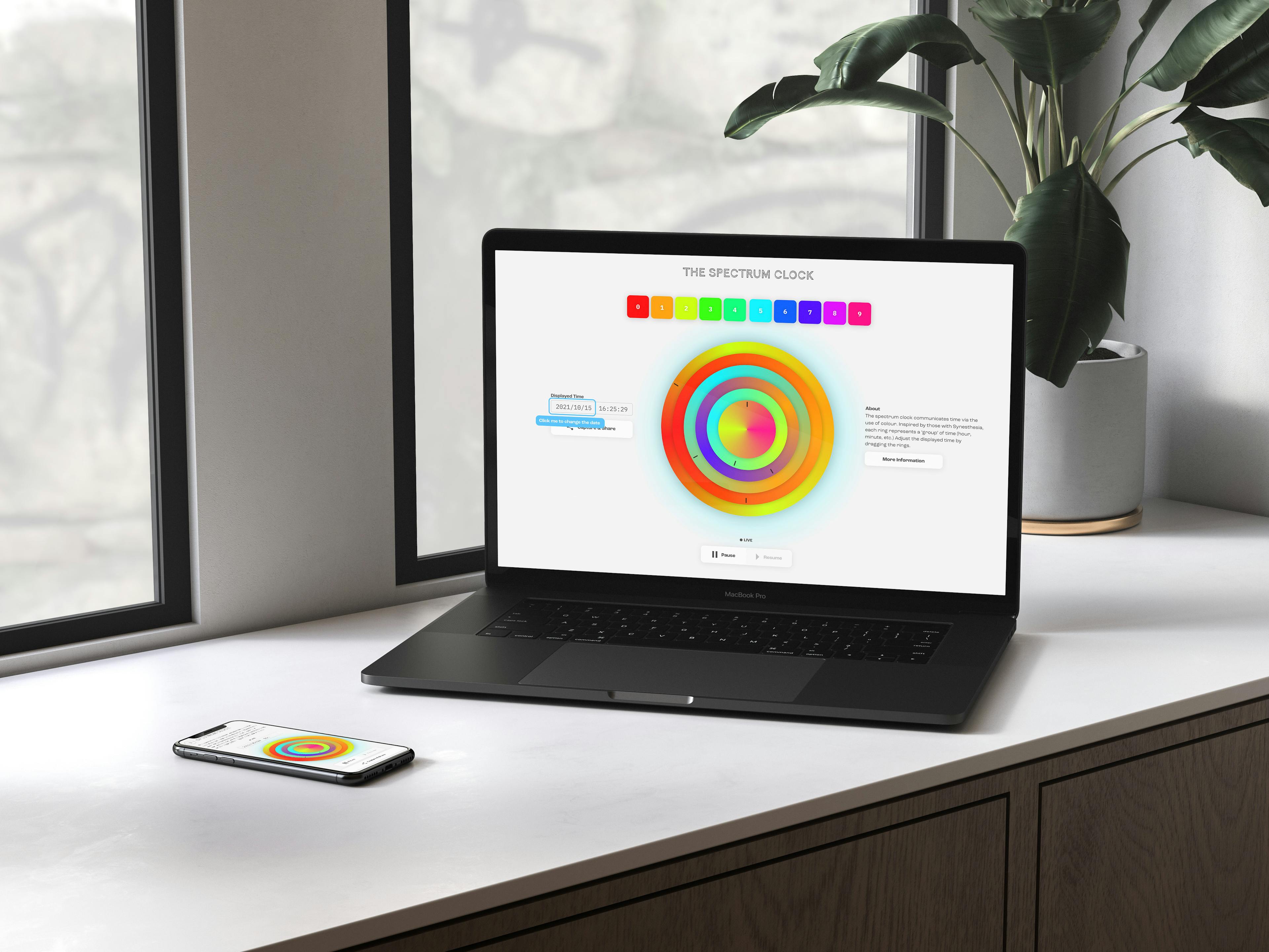 A desktop and smart phones showcasing a responsive design of The Spectrum Clock app/website